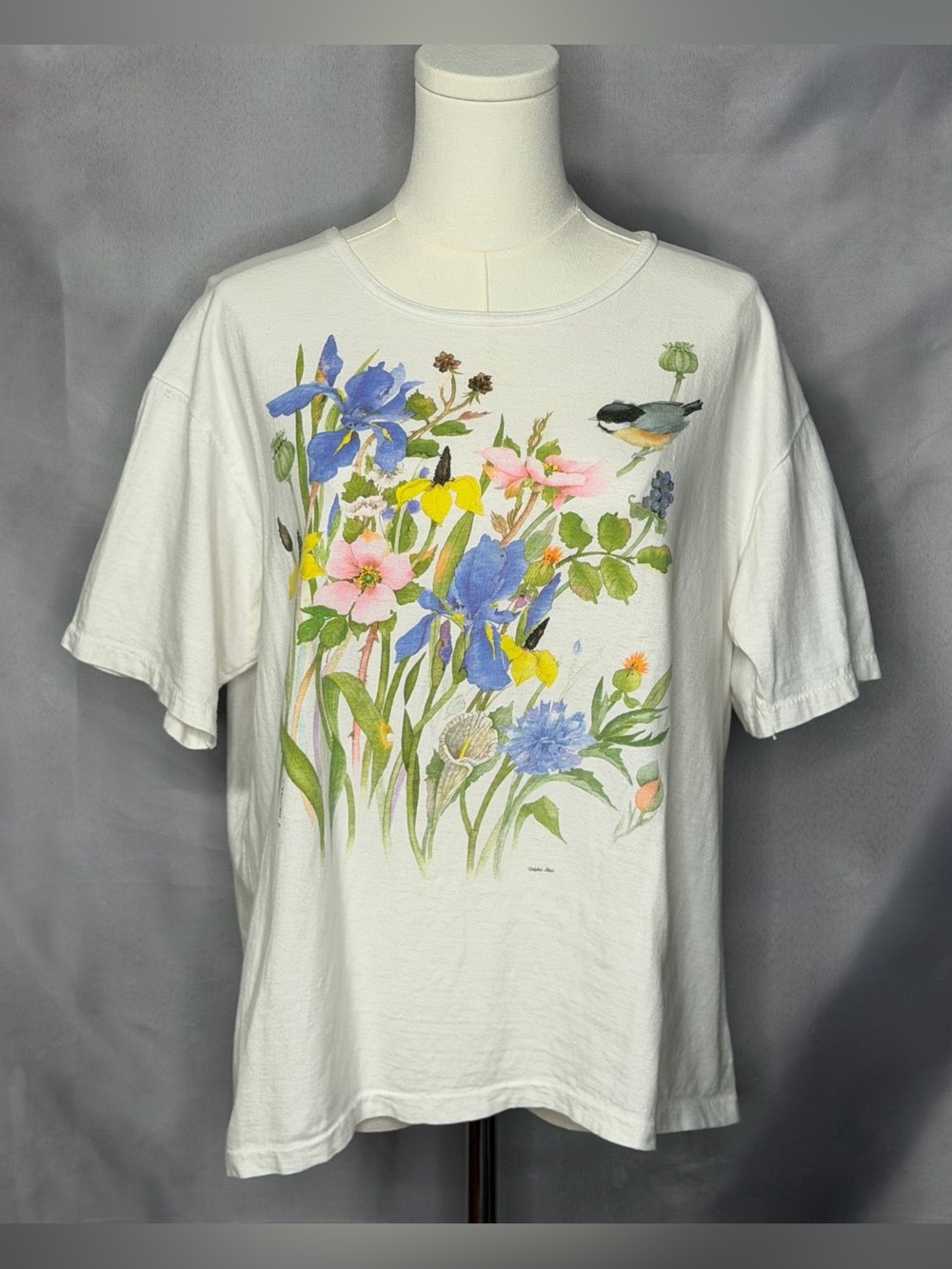 Oneita Floral & Bird Print Tee Y2K Vintage